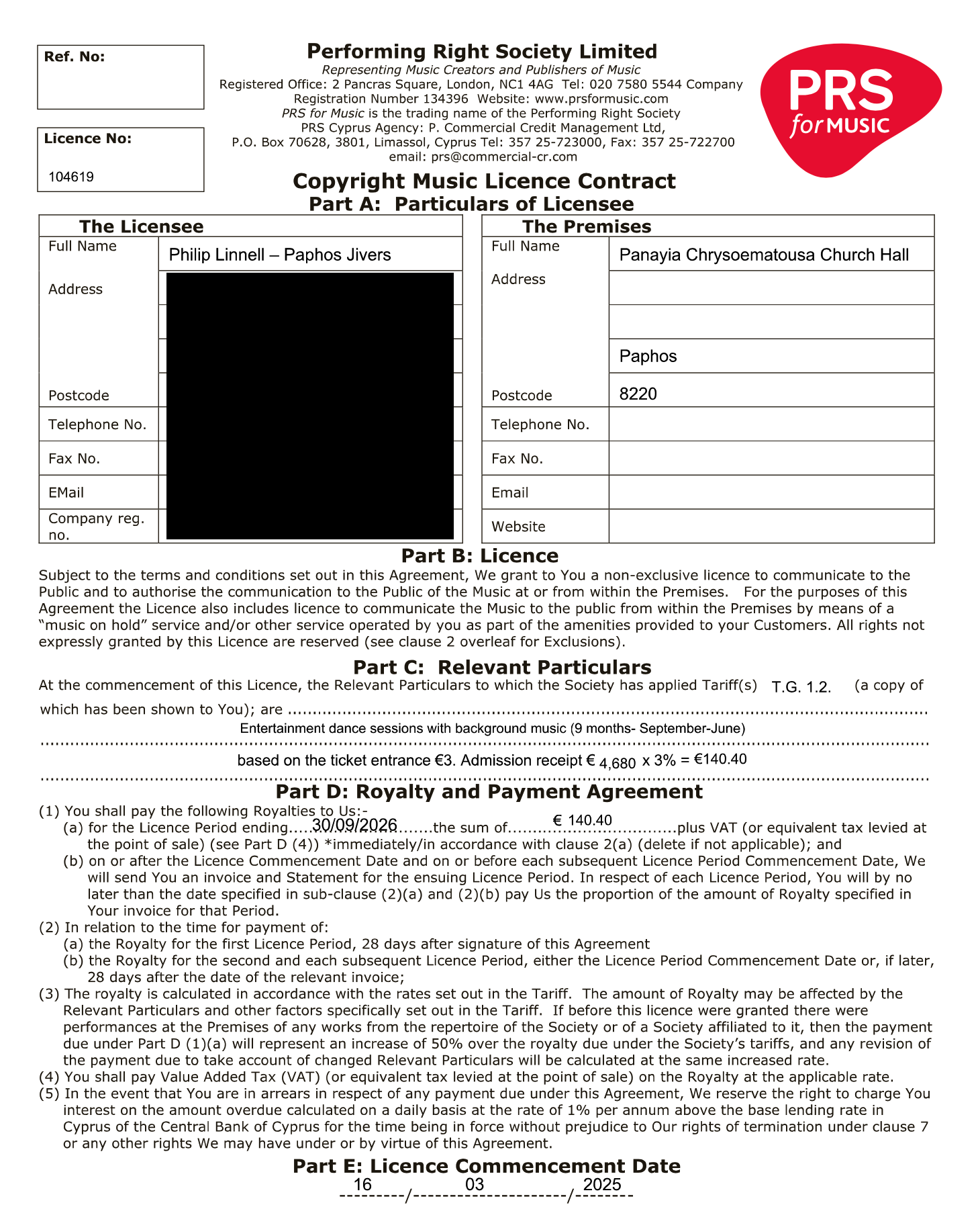 Paphos-Jivers PRS Licence